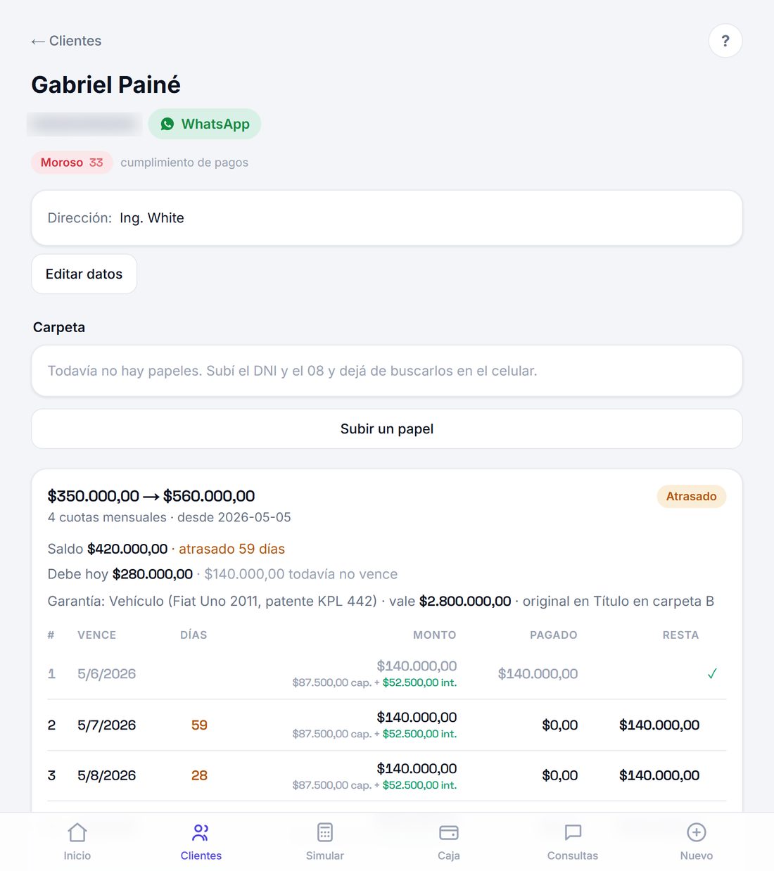 Ficha de un deudor con su cumplimiento de pagos, el crédito activo, los días de atraso, la garantía con su valor y el detalle cuota por cuota.