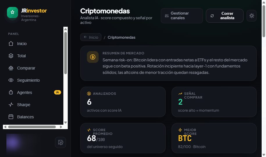 Pantalla de criptomonedas: el resumen de mercado escrito por el analista y cuatro cifras debajo, entre ellas cuántos activos se analizaron y el puntaje promedio.
