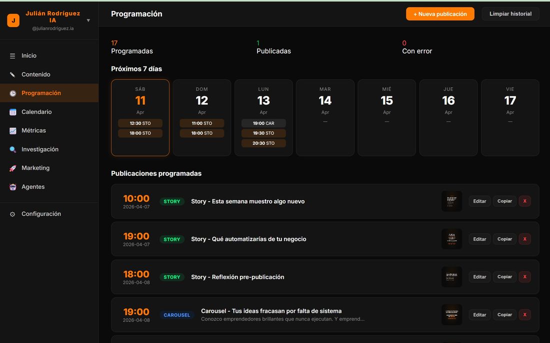 Pantalla de programación del sistema de contenido: diecisiete publicaciones programadas, una publicada, ninguna con error, y el detalle de los próximos siete días.