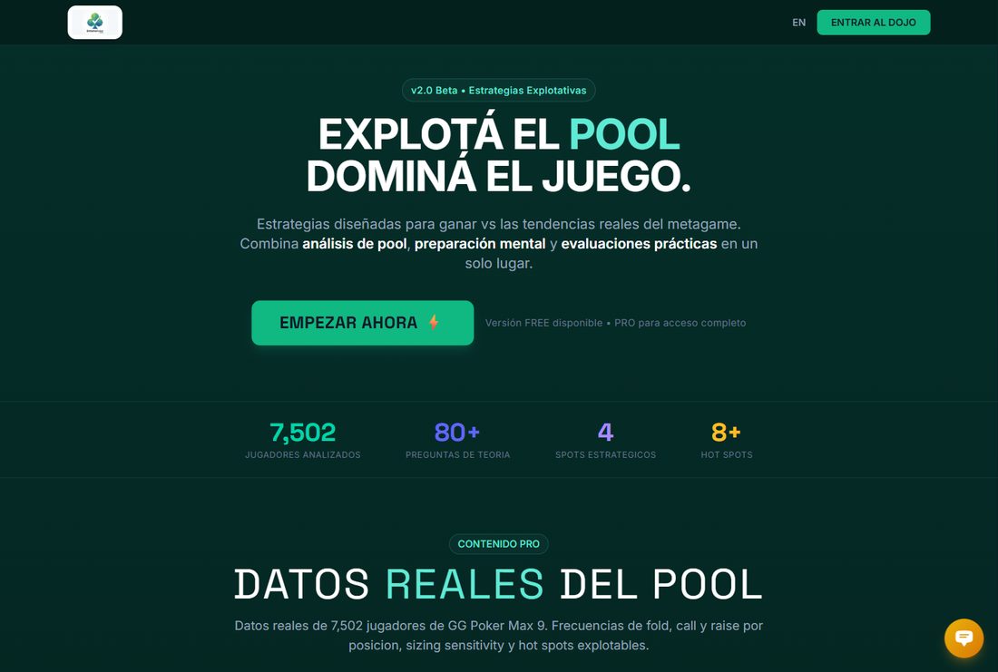 Portada de entrenapoker.com: el titular Explotá el pool dominá el juego sobre fondo verde oscuro, y una fila de cifras con la cantidad de jugadores analizados.