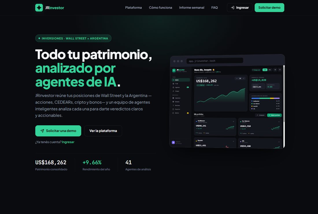 Portada de jrinvestor.tech: el titular Todo tu patrimonio analizado por agentes de IA, una vista de la plataforma y tres cifras debajo.